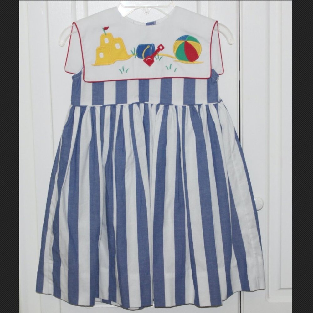 Girls Vintage Ashton Connor Embroidered Beach Coastal Striped Chambray Dress 4